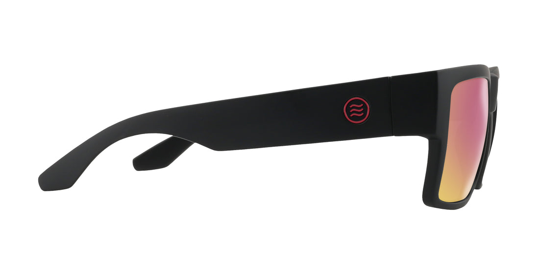 Side view of Havoc prescription sunglasses showing matte X-Large black temple, red circular logo, and pink mirrored lens on white