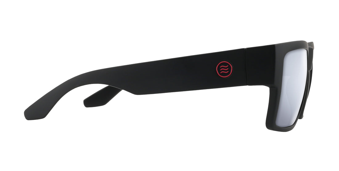 Side view of Havoc prescription sunglasses showing matte X-large black frame and red circular temple logo on white background