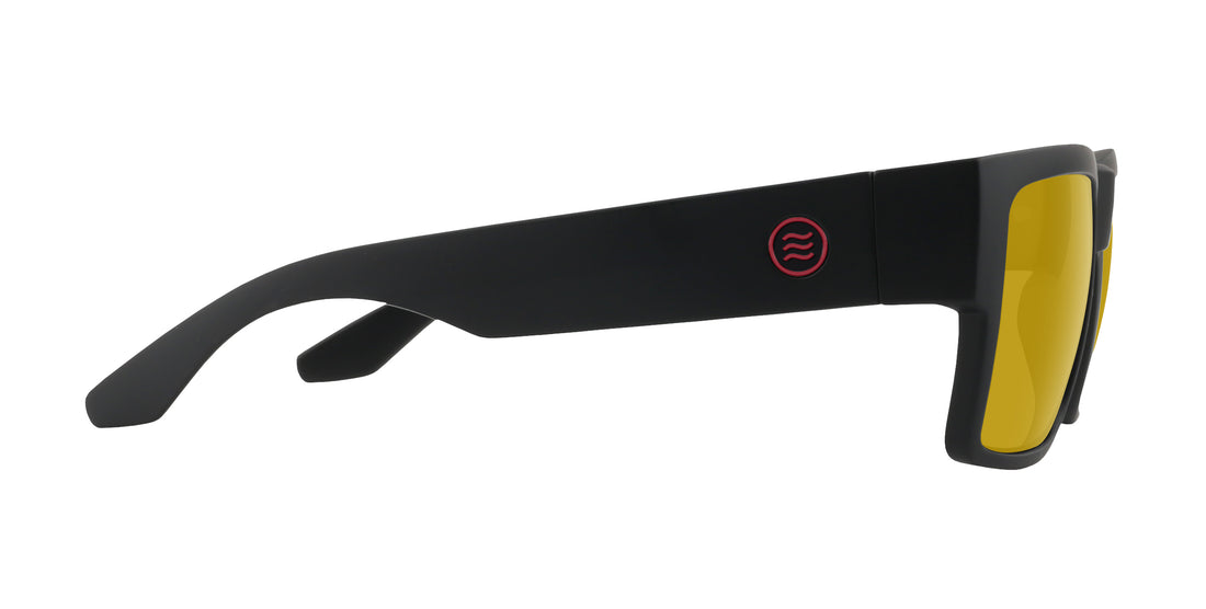 Side view of Havoc prescription sunglasses showcasing matte black temple with red circular logo and yellow lenses on white background