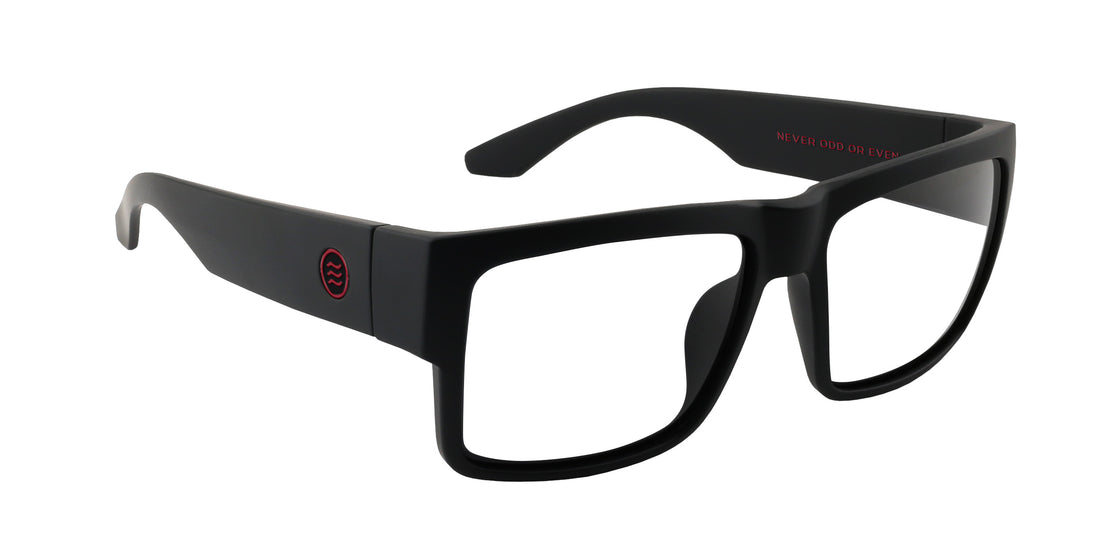 Three-quarter view of Havoc prescription glasses with matte black square frame, clear Rx lenses and red temple logo on white