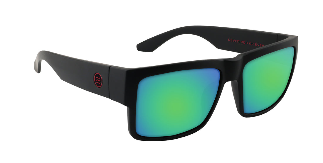 Three-quarter view of Havoc Rx sunglasses showcasing matte black frame and green mirrored lenses on white background