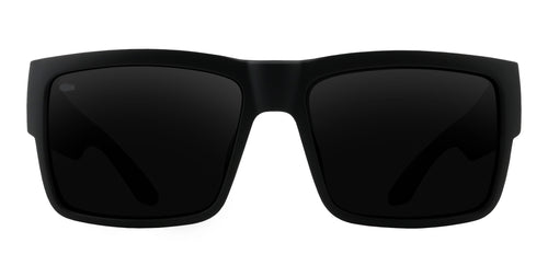 Front view of black rectangular sunglasses with polarized lenses.