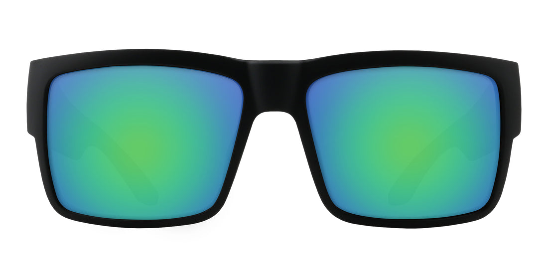Front view of Relic prescription sunglasses with black matte X-Large TR90 frame and green-blue mirrored lenses on white