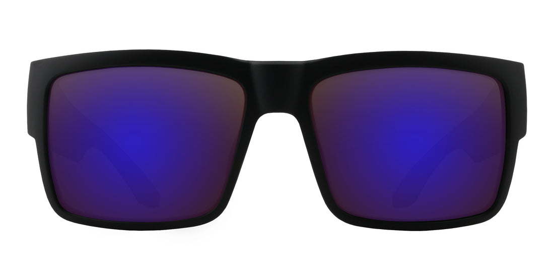 Front close-up of Relic Rx sunglasses showing matte black frame with blue-purple mirrored lenses on white background