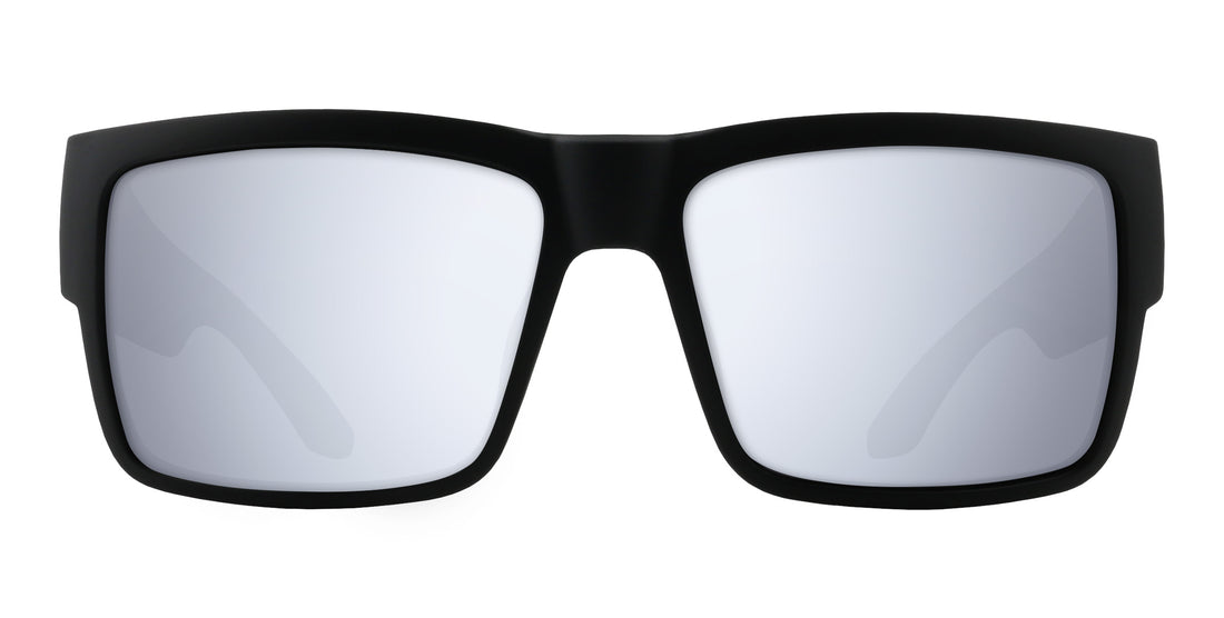 Front view of Relic prescription sunglasses, matte black X-Large rectangular frame with silver mirrored lenses on white