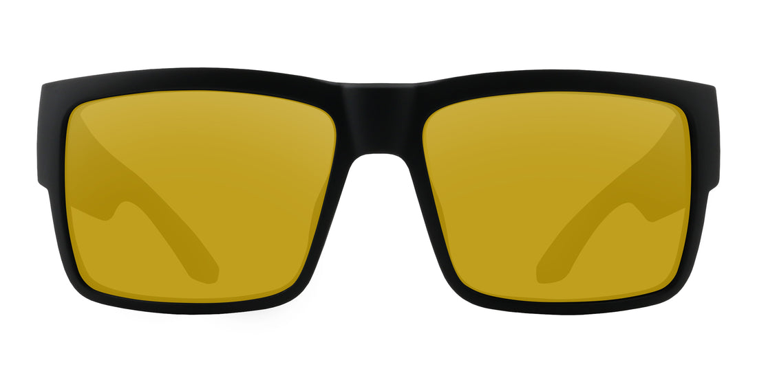 Front close-up of Relic prescription sunglasses showcasing yellow lenses and matte black rectangular frame on white background