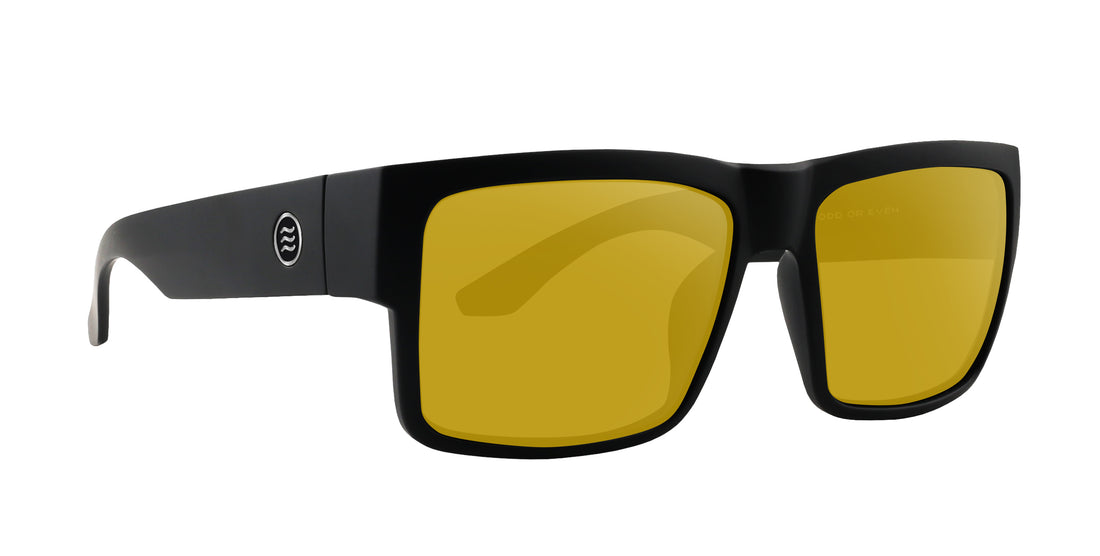 Close-up of Relic Rx sunglasses showing matte black TR90 frame, stainless steel hinge and yellow lenses on white