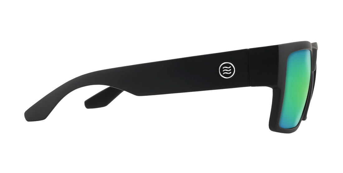 Side view of Relic prescription sunglasses with matte black frame, stainless steel hinge, and green mirrored lens on white