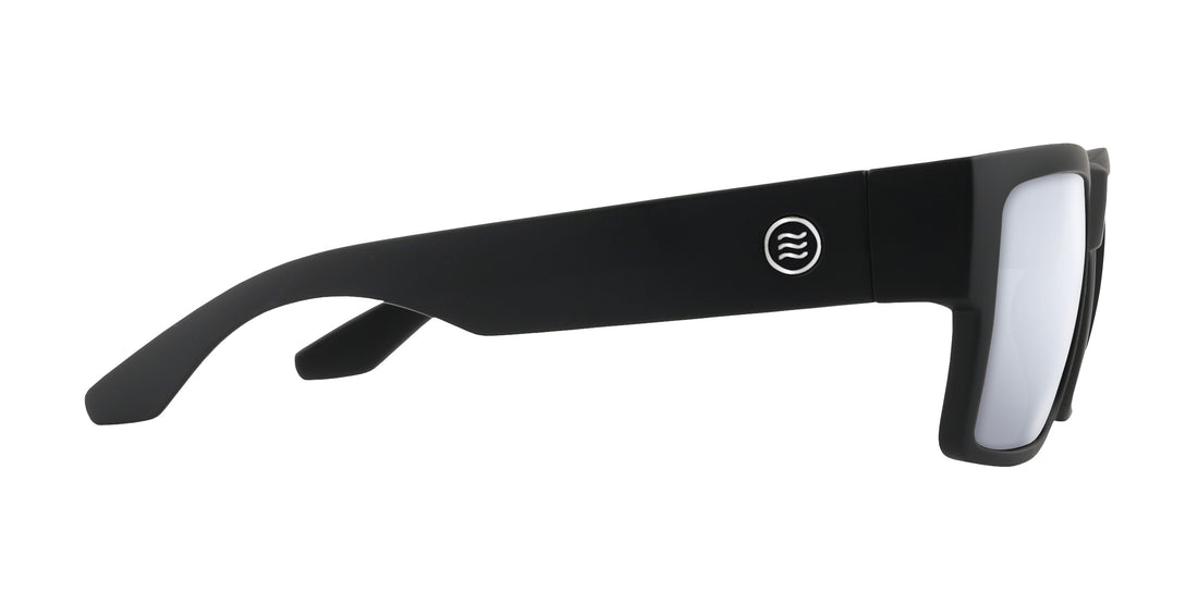 Side view of Relic prescription sunglasses showcasing matte black temple with silver logo on white background