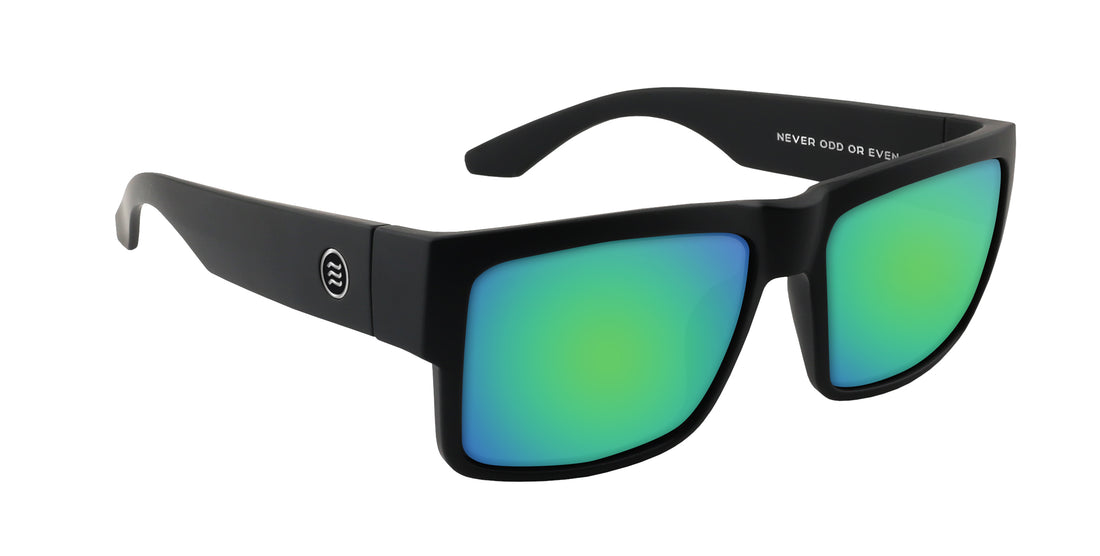 Three-quarter view of Relic sunglasses with matte black rectangular frame and green mirrored lenses on white background