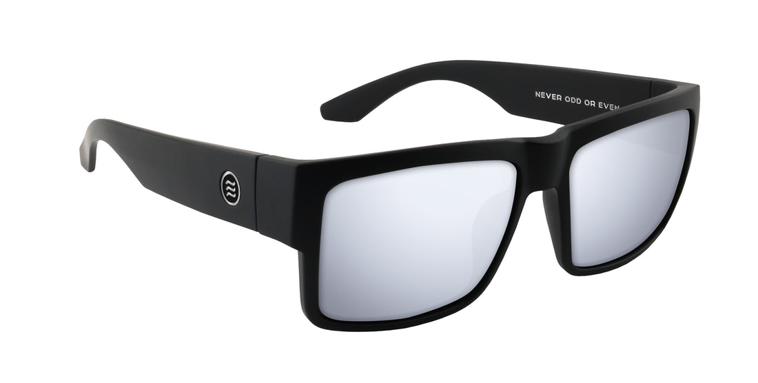 Three quarter view of Relic prescription sunglasses showcasing matte black X-Large rectangular frame and silver mirrored Rx lenses on white background