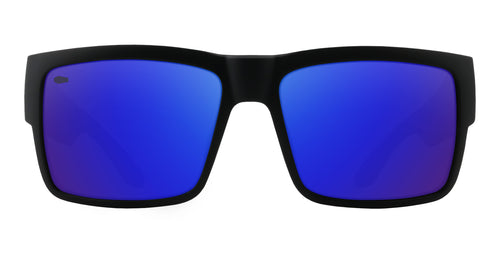 Scythe sunglasses with blue lenses and black frame.