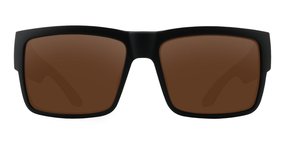 Front view of Scythe sunglasses showcasing matte black square frame with brown prescription lenses on white background