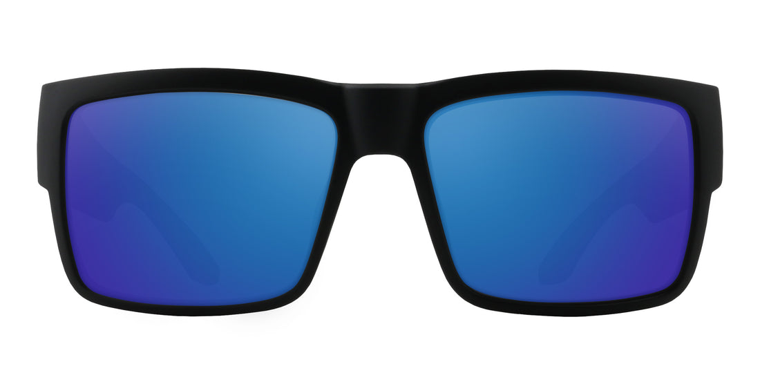 Front view of Scythe sunglasses showcasing matte black oversized square frame with blue mirrored prescription lenses on white background