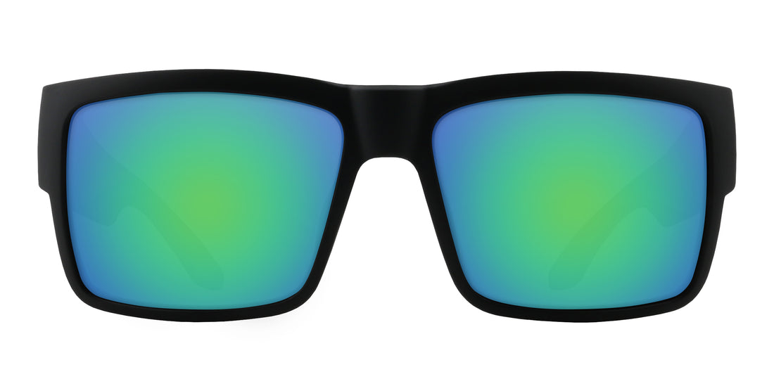 Close up front view of Scythe prescription sunglasses showcasing matte black frame and green blue mirrored lenses on a white background