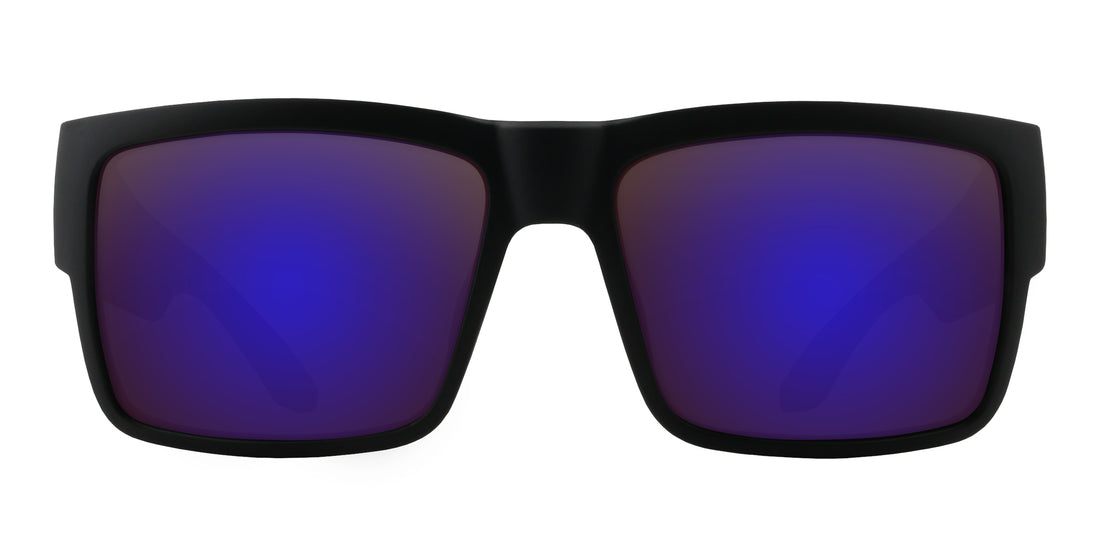 Close-up front view of Scythe prescription sunglasses showcasing matte black oversized square frame and purple mirrored lenses on white background