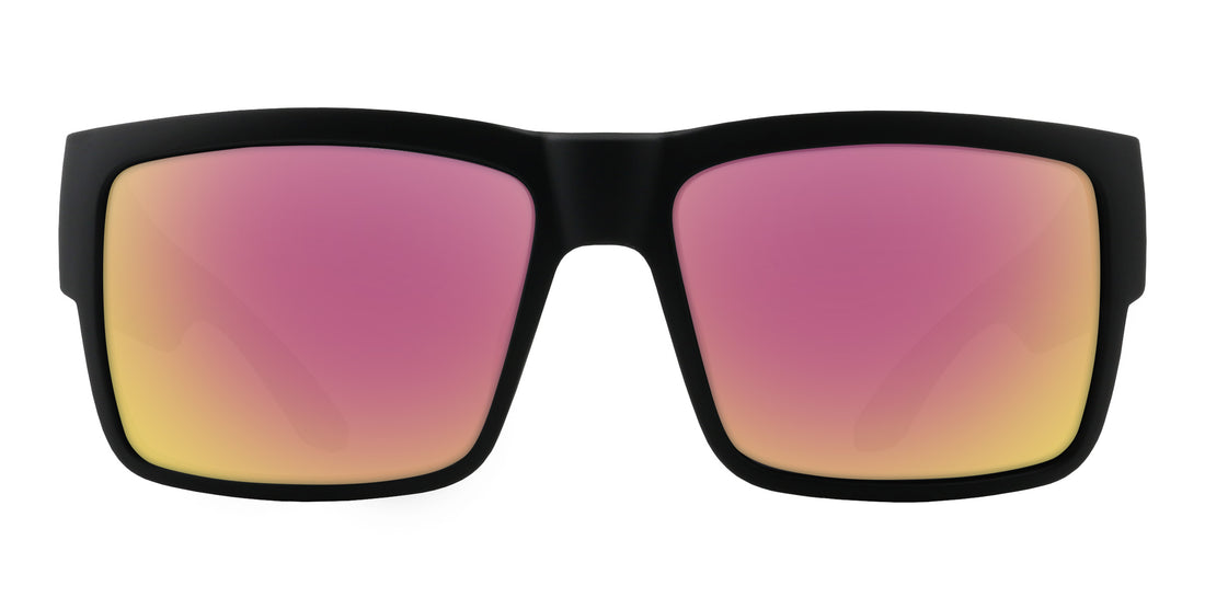 Front view of Scythe prescription sunglasses with matte black oversized square frame and rose-pink mirrored lenses