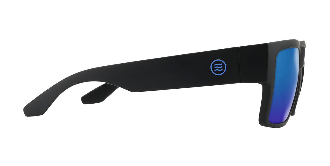 Side view of Scythe prescription sunglasses showing matte black temple, blue mirrored lens, and round logo on white background
