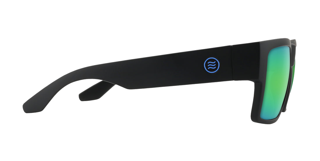 Side view of Scythe Rx prescription sunglasses showing matte black temple with blue logo and green mirrored lenses on white