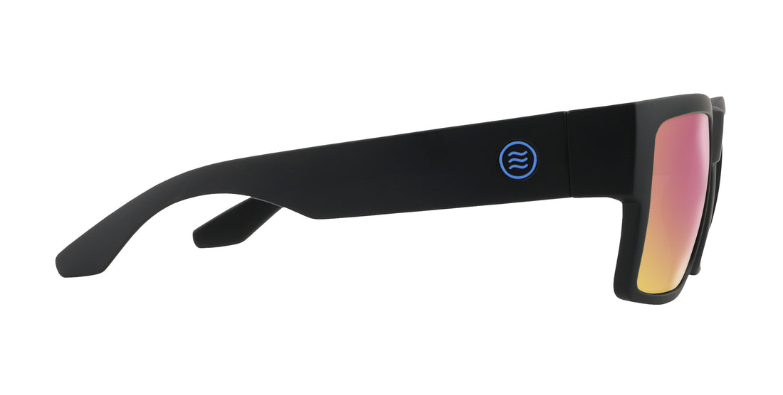 Side view of Scythe sunglasses showcasing matte black temple with blue circular logo and rose-pink mirrored lens on white background