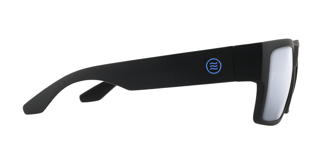 Side view of Scythe sunglasses showing matte black temple with blue logo and prescription mirror lens on white background