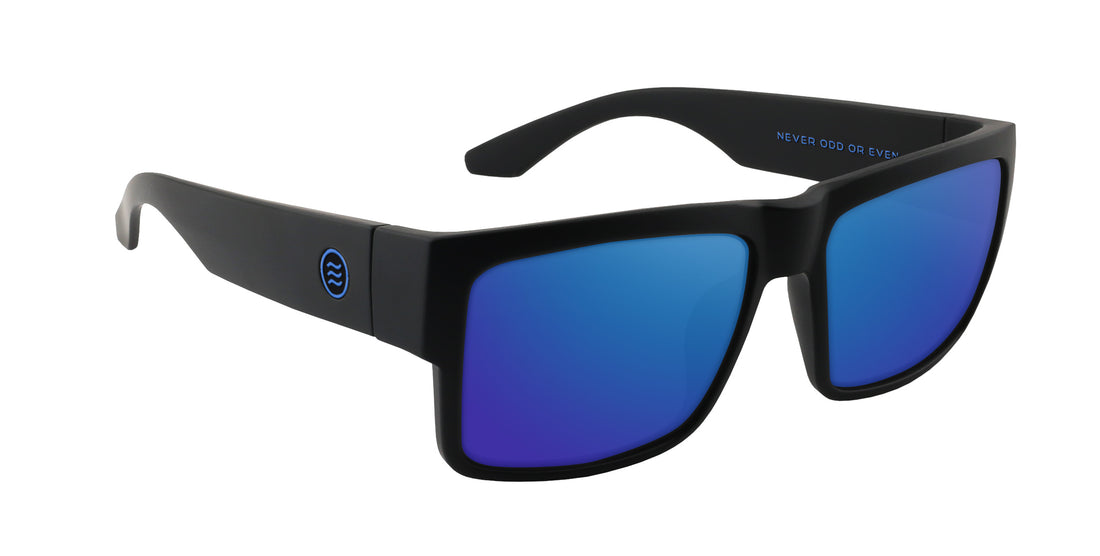 Angled view of Scythe prescription sunglasses showing matte black square frame and blue mirrored lenses on white background
