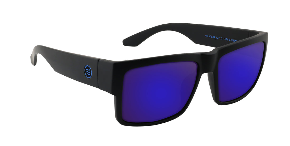 Three-quarter right view of Scythe Rx prescription sunglasses showcasing matte black rectangular frame with blue-purple mirrored lenses on white background