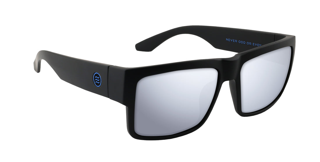 Angled close-up of Scythe prescription sunglasses showcasing matte black square frame and mirrored silver lenses on white background