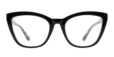 Coral cat-eye glasses with black glossy front and grey tortoiseshell temples and clear lenses