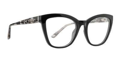 Coral cat-eye glasses with black glossy front and grey tortoiseshell temples and clear lenses