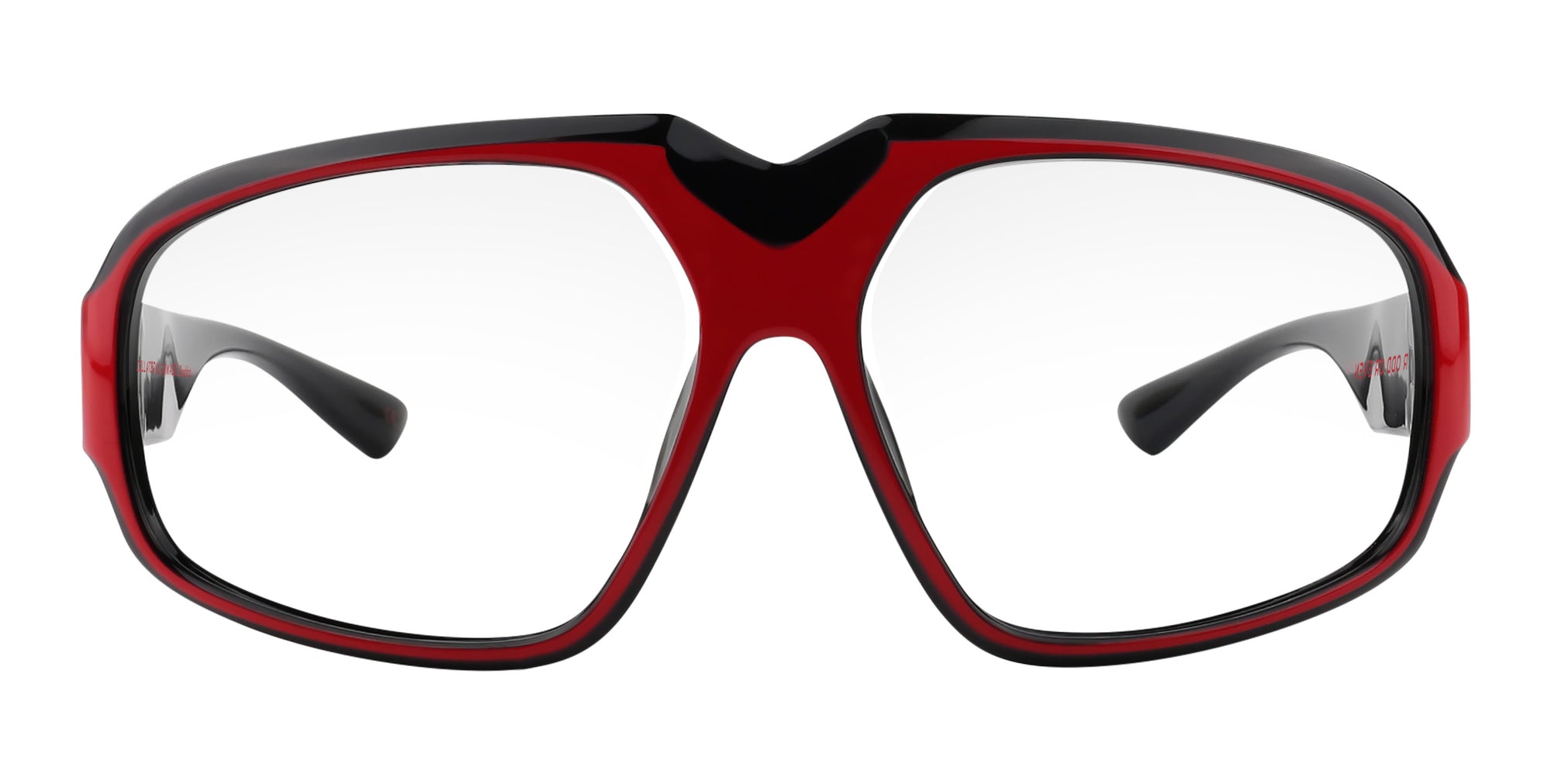 Bloodshot red and black rectangular prescription glasses from Neven Eyewear Pair name: Bloodshot Frame shape: rectangular.