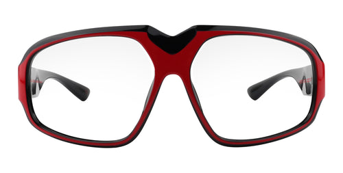 Bloodshot red and black rectangular prescription glasses from Neven Eyewear Pair name: Bloodshot Frame shape: rectangular.