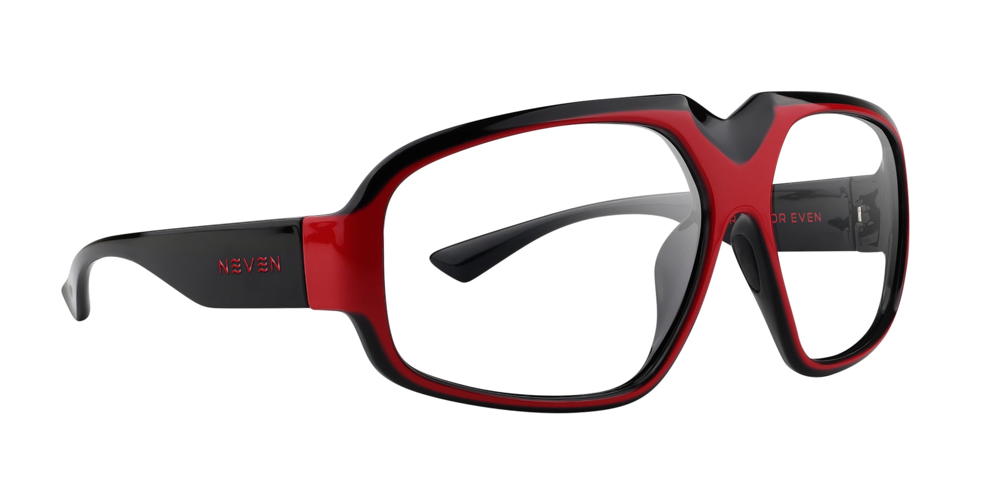 Bloodshot red and black rectangular prescription glasses from Neven Eyewear Pair name: Bloodshot Frame shape: rectangular.
