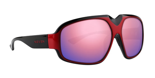 Bloodshot red and black rectangular prescription glasses from Neven Eyewear Pair name: Bloodshot Frame shape: rectangular.