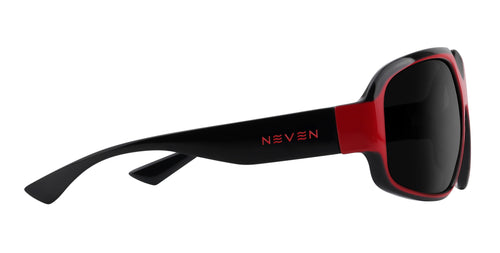 Bloodshot red and black rectangular prescription glasses from Neven Eyewear Pair name: Bloodshot Frame shape: rectangular.