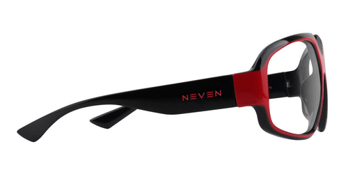 Bloodshot red and black rectangular prescription glasses from Neven Eyewear Pair name: Bloodshot Frame shape: rectangular.