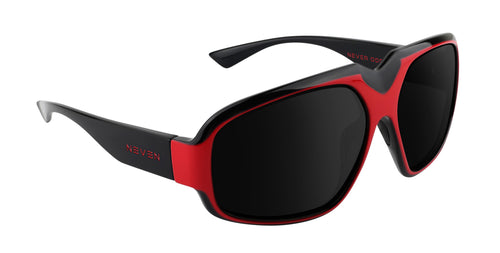 Bloodshot red and black rectangular prescription glasses from Neven Eyewear Pair name: Bloodshot Frame shape: rectangular.