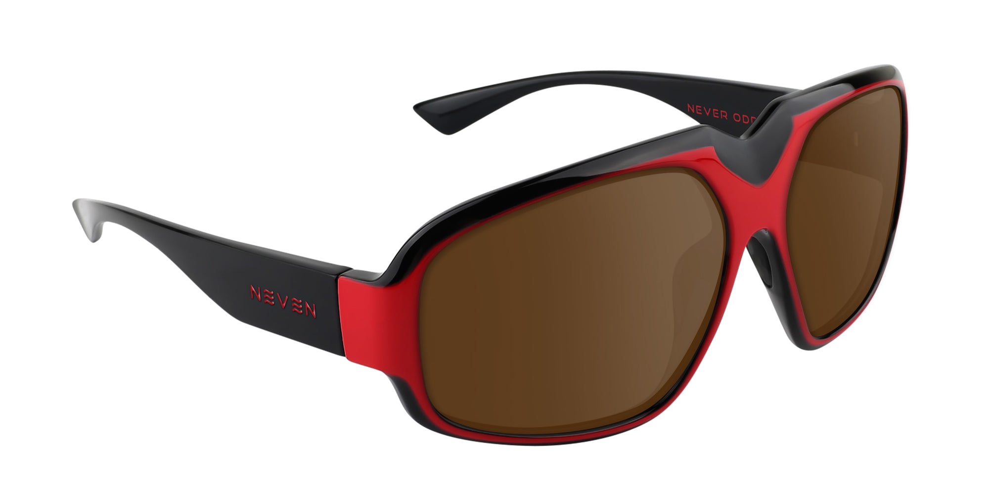Bloodshot red and black rectangular prescription glasses from Neven Eyewear Pair name: Bloodshot Frame shape: rectangular.