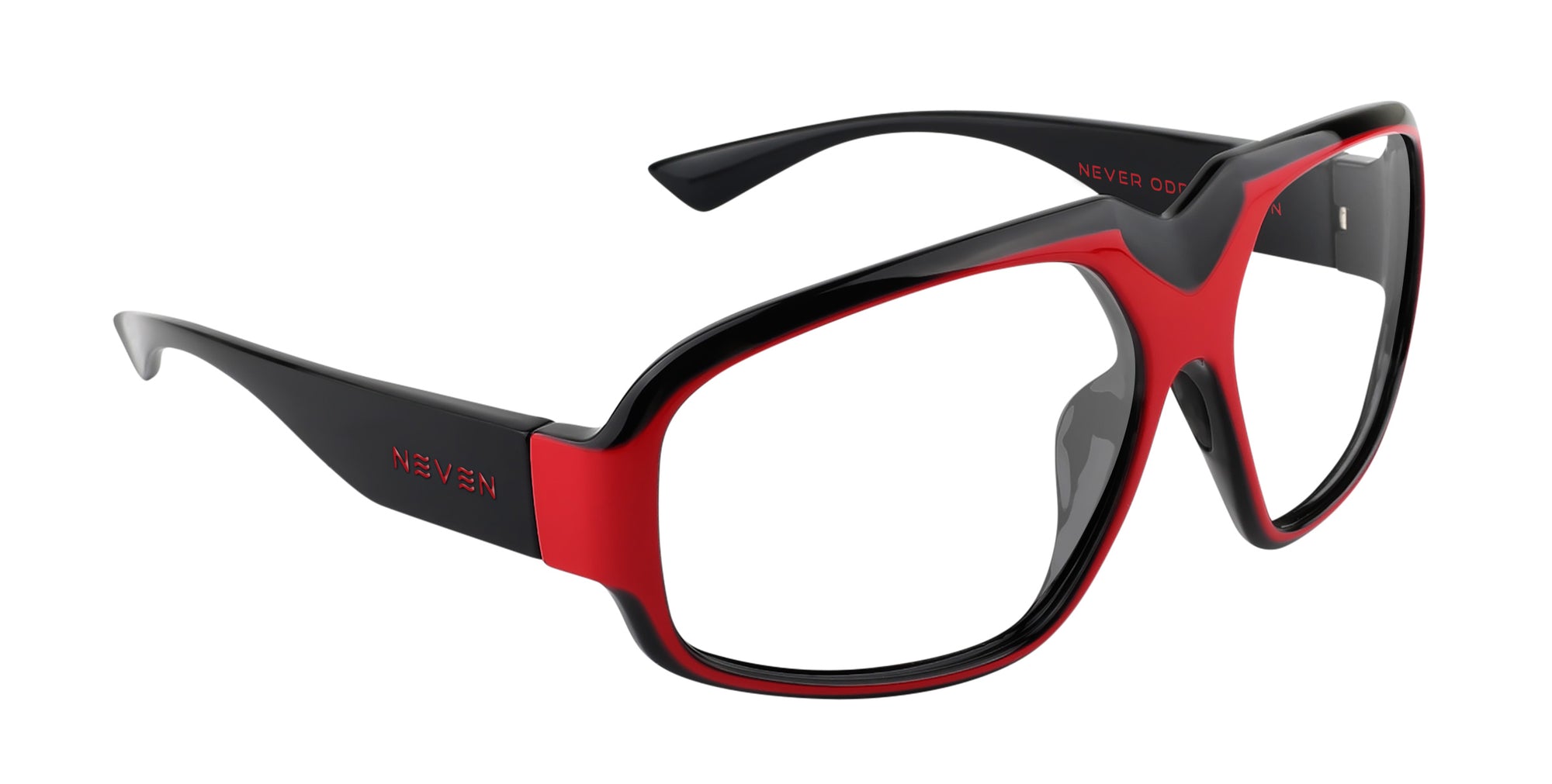 Bloodshot red and black rectangular prescription glasses from Neven Eyewear Pair name: Bloodshot Frame shape: rectangular.