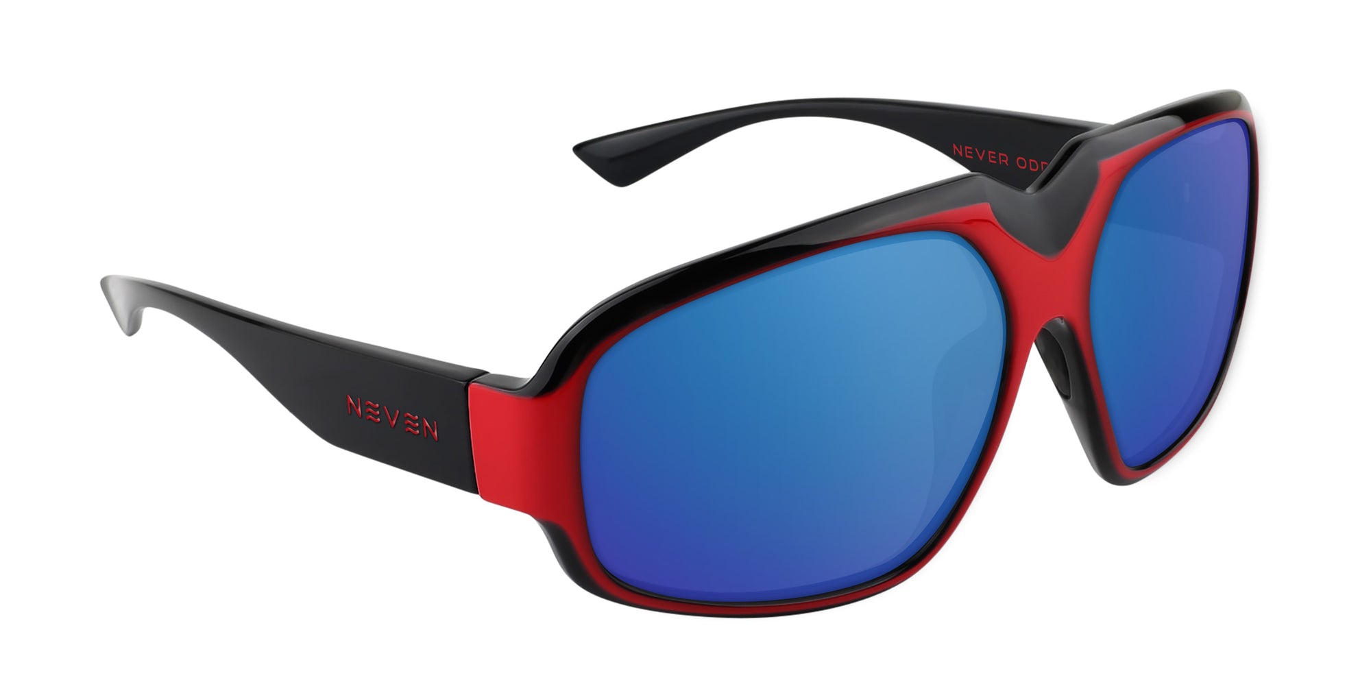 Bloodshot red and black rectangular prescription glasses from Neven Eyewear Pair name: Bloodshot Frame shape: rectangular.