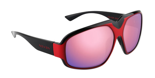Bloodshot red and black rectangular prescription glasses from Neven Eyewear Pair name: Bloodshot Frame shape: rectangular.