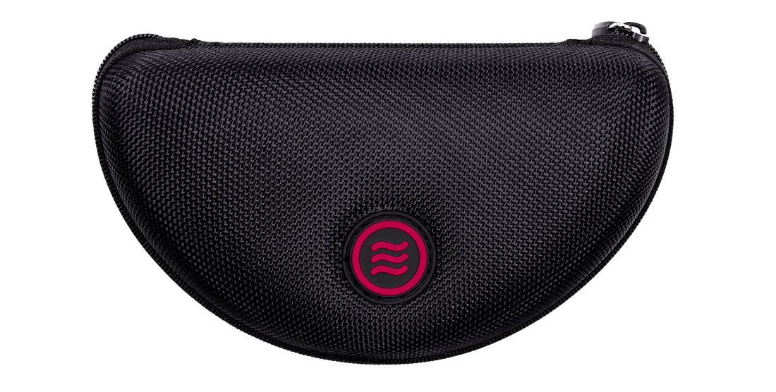 Close-up of large black hard-shell textured zippered sunglasses case with red round Neven tilde logo