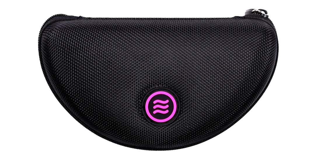 Close-up of large black hard-shell textured zippered sunglasses case with pink round Neven tilde logo