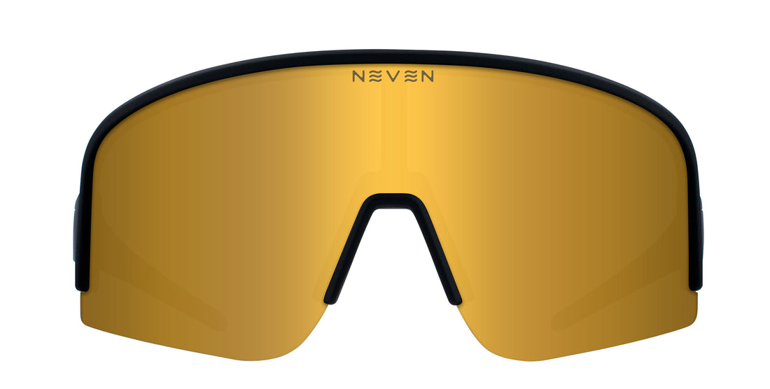 Front view of Threshold polarized sunglasses showcasing a gold wraparound shield lens with black frame on white background