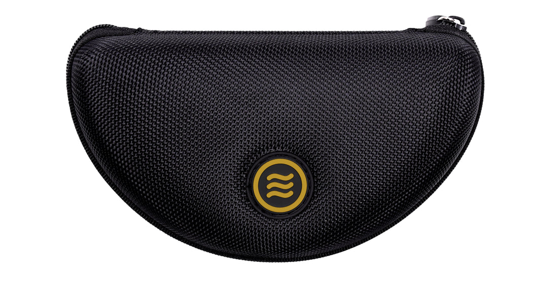 Top view of Neven Eyewear sunglasses case showcasing a black textured exterior and gold tilde emblem