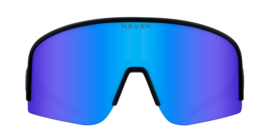 Front view of Cadence polarized shield sunglasses showcasing blue-purple mirrored lens and thin black frame on white