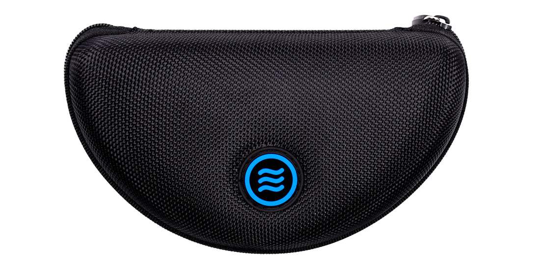 Close-up of large black hard-shell textured zippered sunglasses case with blue round Neven tilde logo