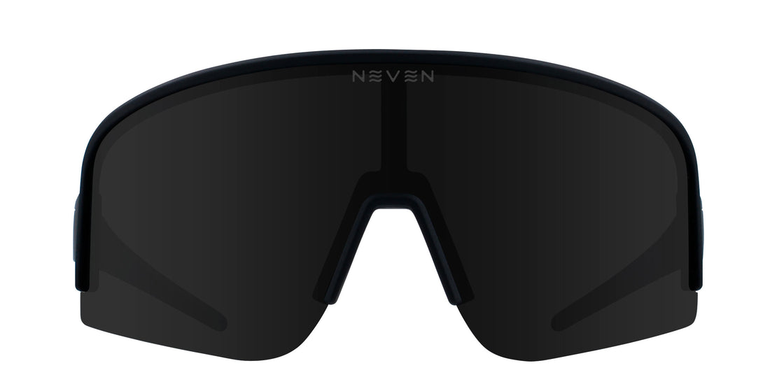 Front view of Threshold polarized sunglasses showcasing a black wraparound shield lens on a white background