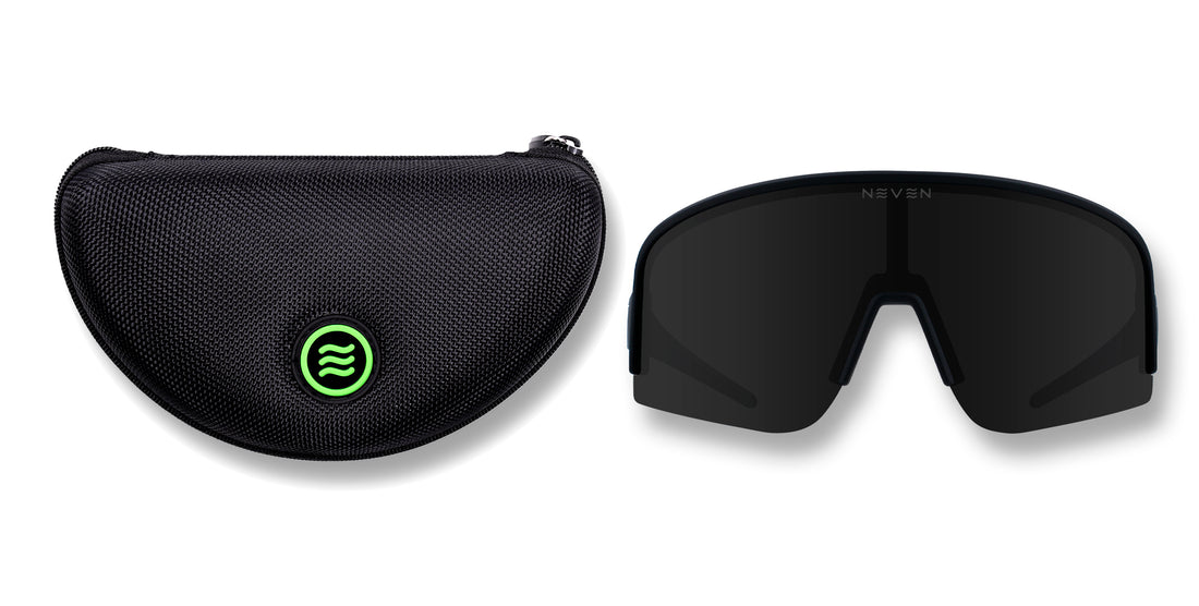 Front view of Threshold replacement lens and black zip case showcasing wide polarized wraparound lens and textured case
