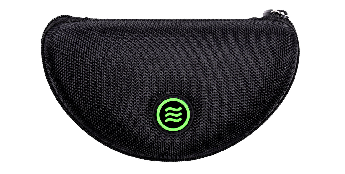 Close-up of large black hard-shell textured zippered sunglasses case with neon green round Neven tilde logo